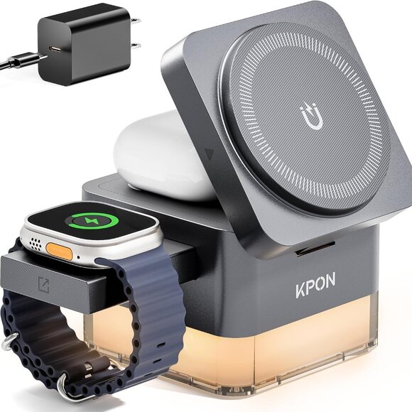 KPON iPhone Nightstand Charging 3 in 1 Wireless Phone Stand w Night Lamp Magsafe - Picture 1 of 6